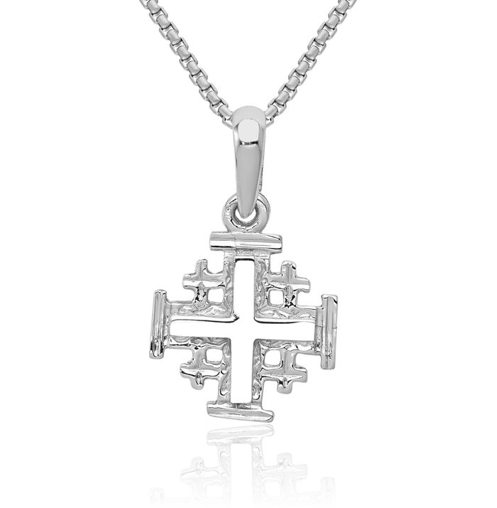10K Solid White Gold Jerusalem Crusader Holy Cross Necklace Religious Chain Pendant Jesus Christ Charm