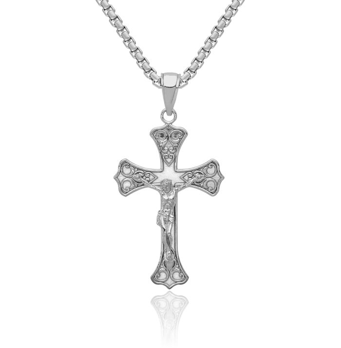 10K Solid White Gold Lord Jesus Christ Crucifix Holy Cross Necklace Religious Chain Pendant Charm