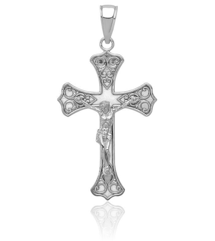 10K Solid White Gold Lord Jesus Christ Crucifix Holy Cross Necklace Religious Chain Pendant Charm