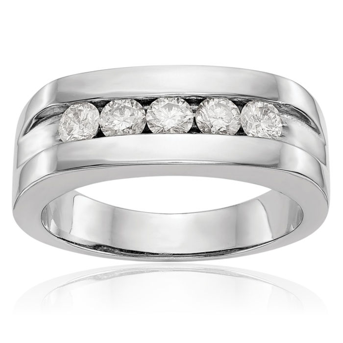 10K Solid White Gold Lab Diamond 5 Stone Mens Channel Wedding Band Ring