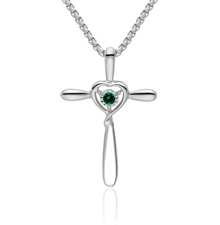 10K Solid White Gold Lab Green Emerald Holy Cross Heart Floating Chain Slide Gemstone Pendant Necklace Charm May Birthstone Jewelry