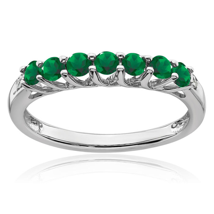 10K Solid White Gold Lab Green Emerald Diamond 7 Stone Ring May Birthstone Jewelry