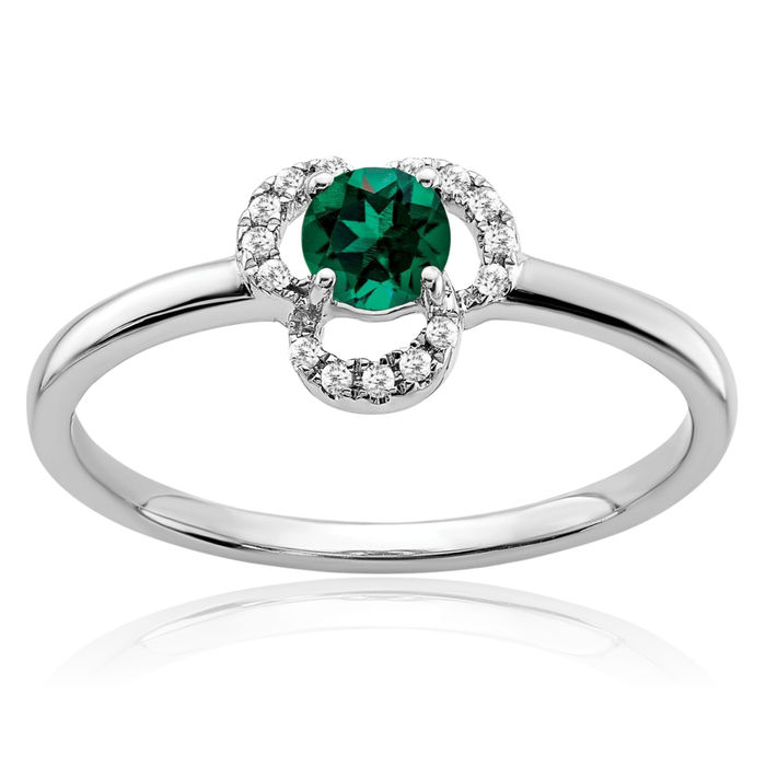 10K Solid White Gold Lab Green Emerald Diamond Ring May Birthstone Jewelry