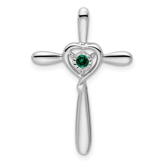 10K Solid White Gold Lab Green Emerald Holy Cross Heart Floating Chain Slide Gemstone Pendant Necklace Charm May Birthstone Jewelry