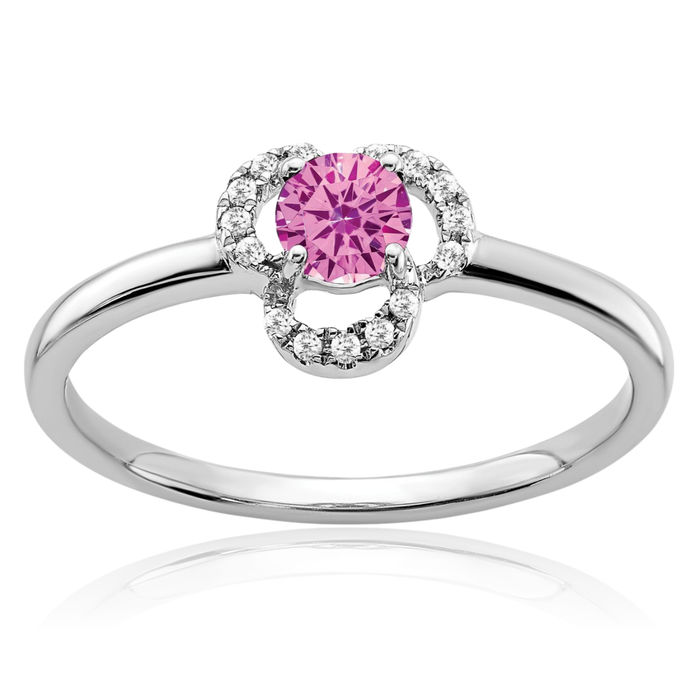 10K Solid White Gold Lab Pink Sapphire Diamond Ring October Birthstone Jewelry