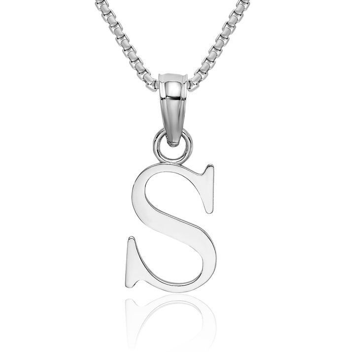 10K Solid White Gold Dainty Letter S Initial Name Monogram Necklace Chain Pendant Charm