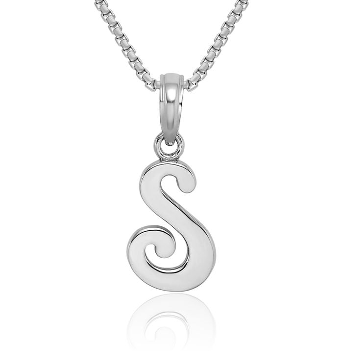 10K Solid White Gold Dainty Letter S Initial Name Monogram Necklace Chain Pendant Charm