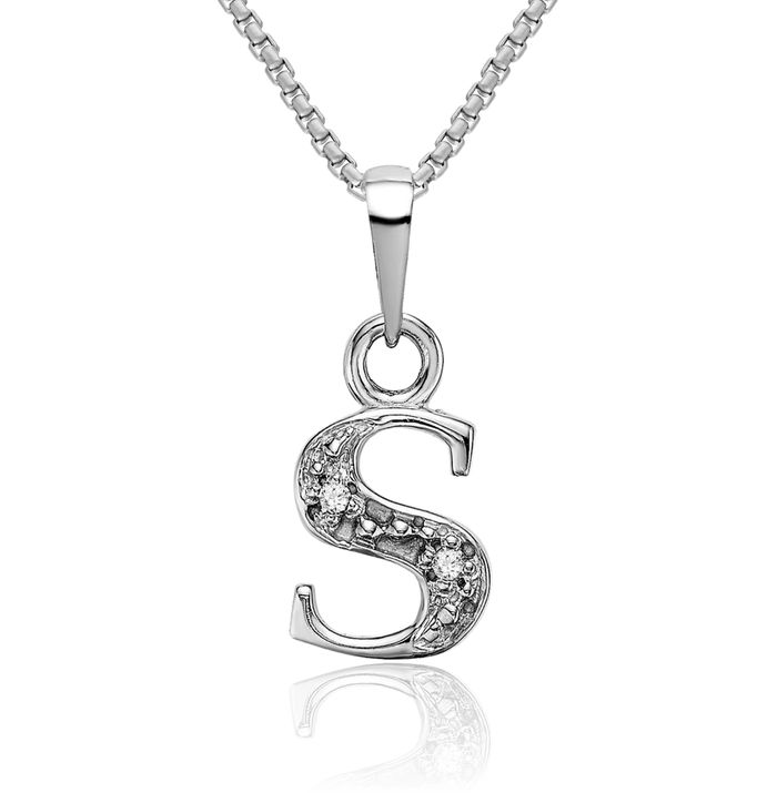 10K Solid White Gold Dainty Letter S Initial Name Monogram Necklace Chain Pendant Charm