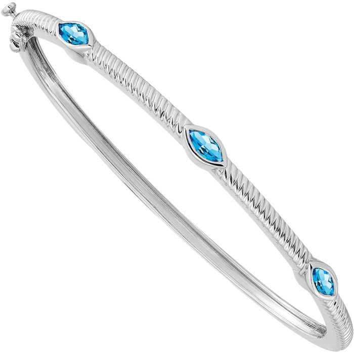 10K Solid White Gold Marquise Swiss Blue Topaz 3 Stone Gemstone Bangle Bracelet