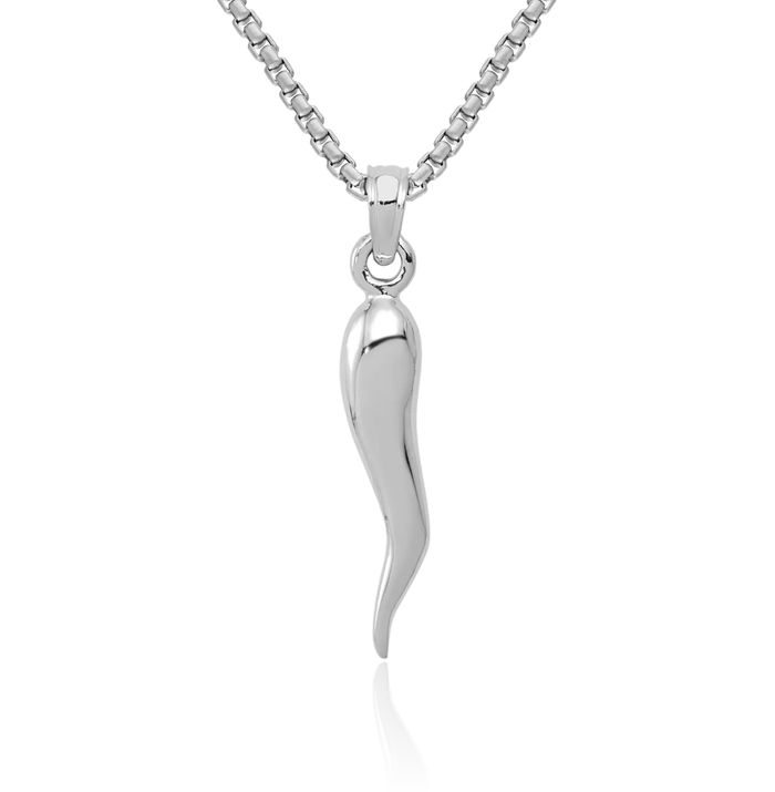 10K Solid White Gold Medium Cornicello Italian Horn Necklace Lucky Protection Amulet Pendant Chilli Pepper Charm