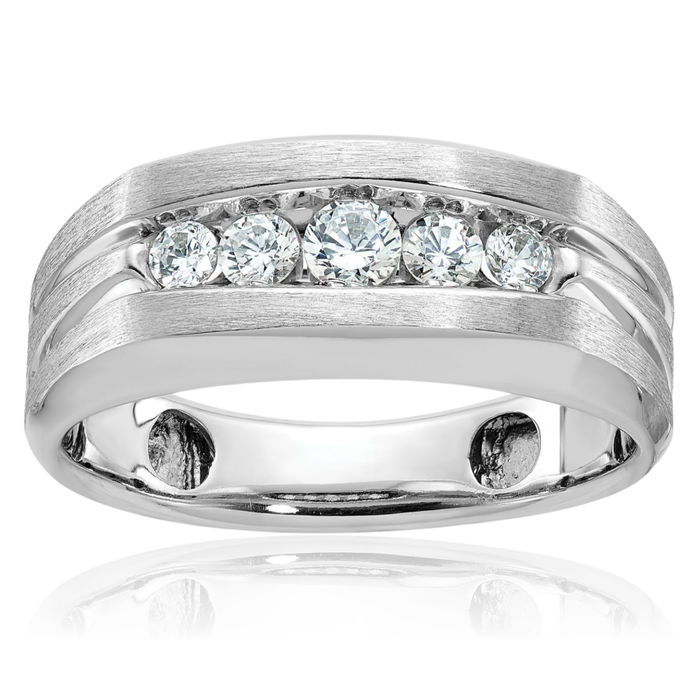 10K Solid White Gold Mens 5 Stone Diamond Wedding Band Ring