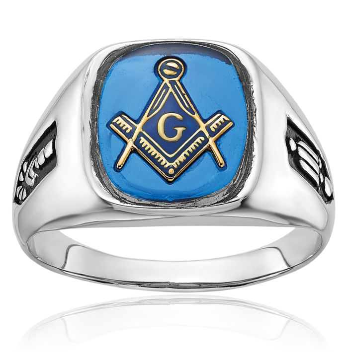 10K Solid White Gold Mens Black Blue Spinel Master Mason Signet Freemason Masonic Ring