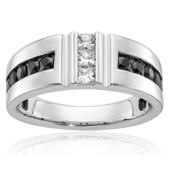 10K Solid White Gold Mens Black Diamond Wedding Band Statement Ring