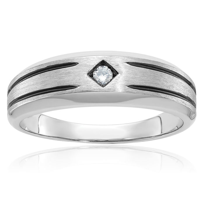 10K Solid White Gold Mens Black Diamond Wedding Band Ring