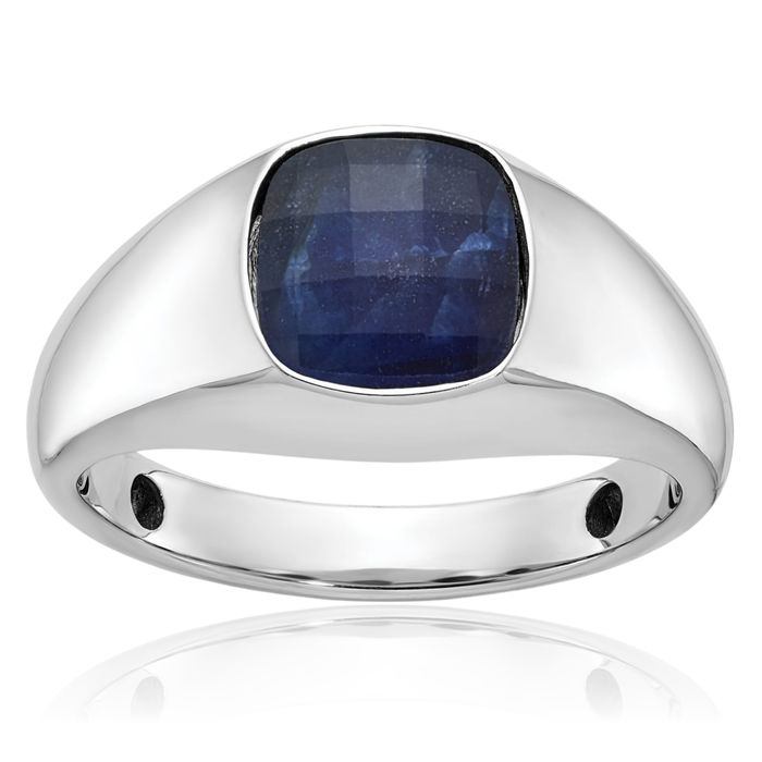 10K Solid White Gold Mens Blue Sapphire Stone Statement Ring