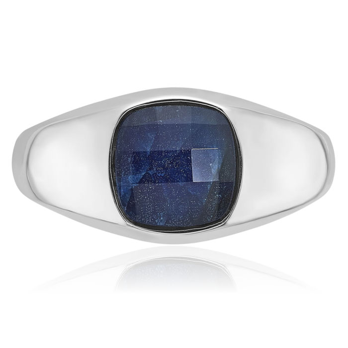 10K Solid White Gold Mens Blue Sapphire Stone Statement Ring