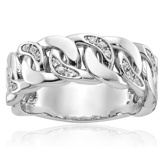 10K Solid White Gold Mens Cuban Link Diamond Wedding Band Ring