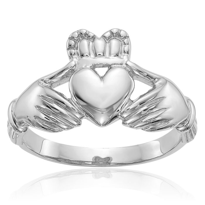 10K Solid White Gold Mens Heart Irish Claddagh Celtic Ring Jewelry Viking