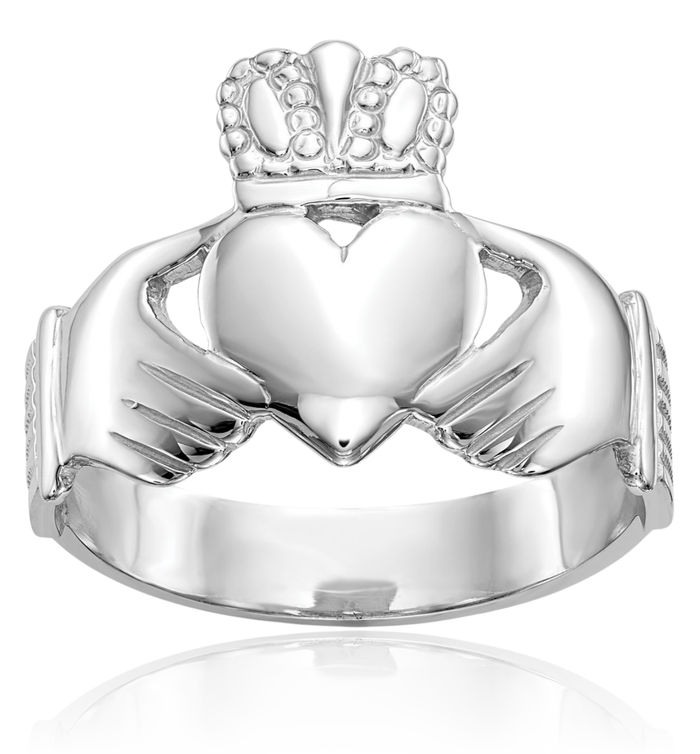 10K Solid White Gold Mens Heart Irish Claddagh Celtic Ring Jewelry