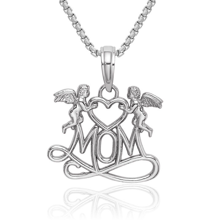 10K Solid White Gold Mom Heart Guardian Angels Necklace Mama Charm Mother Pendant