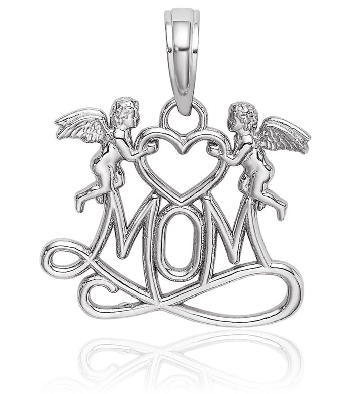 10K Solid White Gold Mom Heart Guardian Angels Necklace Mama Charm Mother Pendant