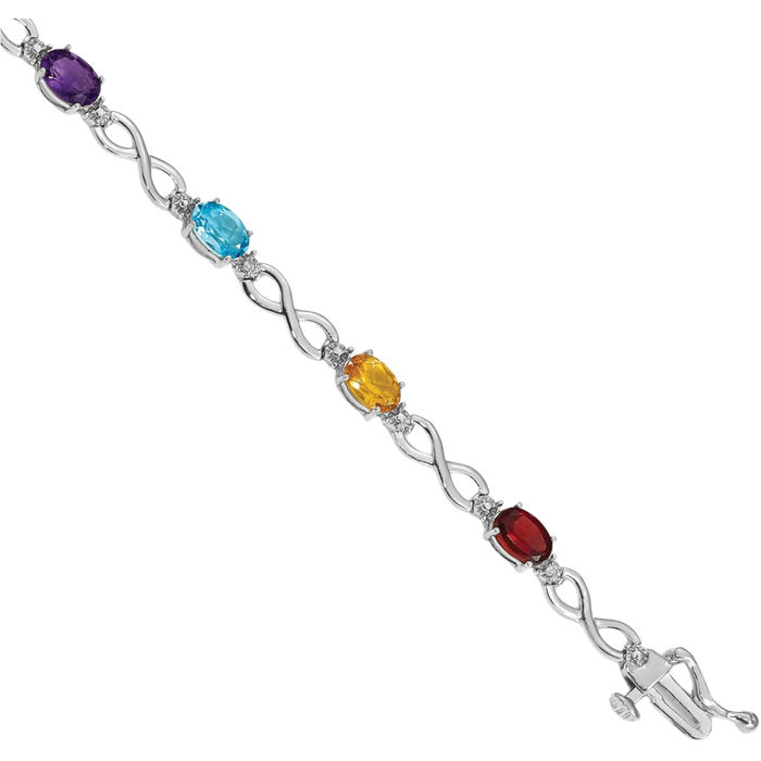 10K Solid White Gold Rainbow Multi-color Gemstone Diamond Infinity Twisted Love Knot Symbol Chain Bracelet