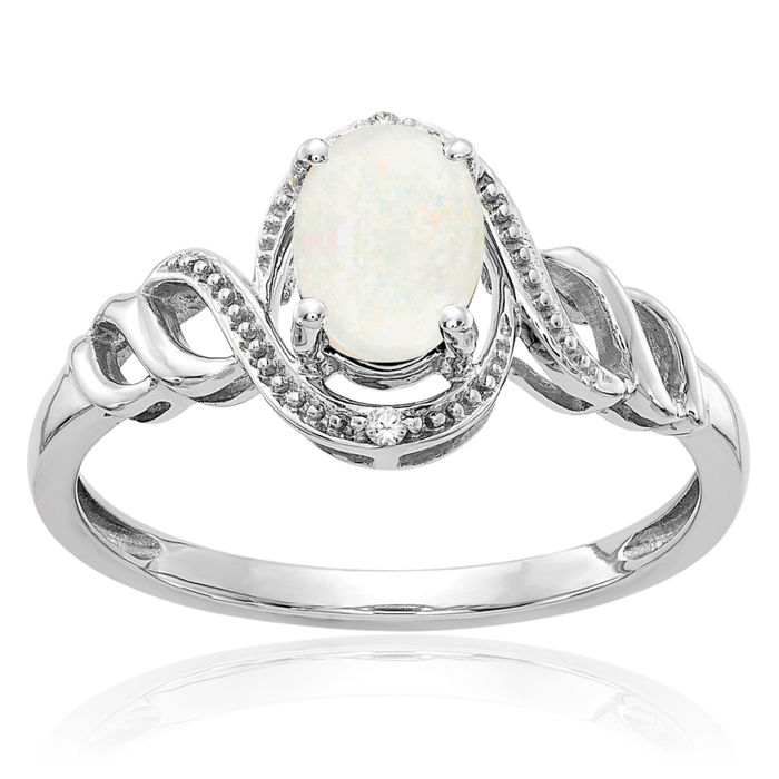 10K Solid White Gold Opal Diamond Ring Gemstone Band October Birthstone Jewelry