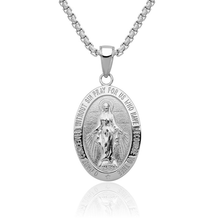 10K Solid White Gold Our Lady of Miraculous Medal Blessed Virgin Mary Necklace Chain Pendant Charm