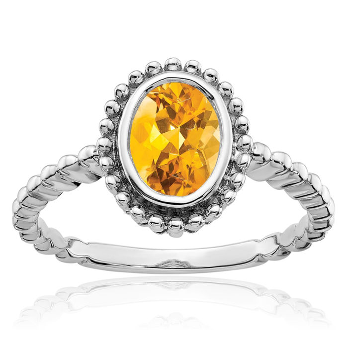 10K Solid White Gold Oval Yellow Orange Citrine Ring Gemstone Band