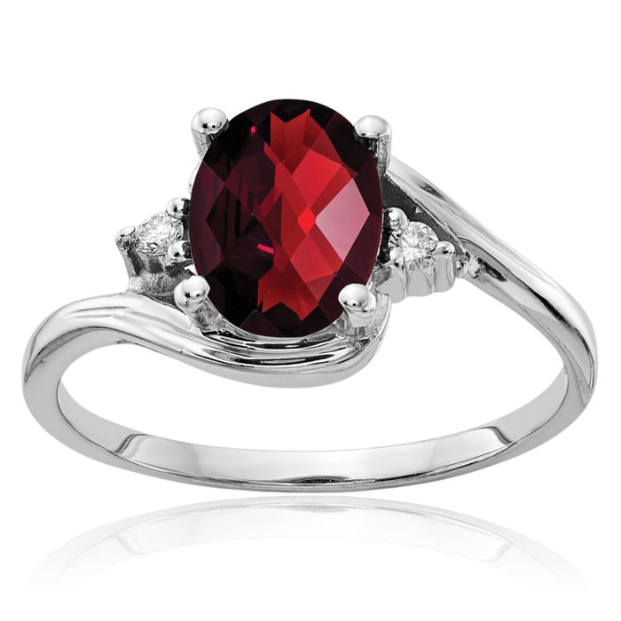 10K Solid White Gold Oval Red Garnet Diamond Ring Gemstone Band