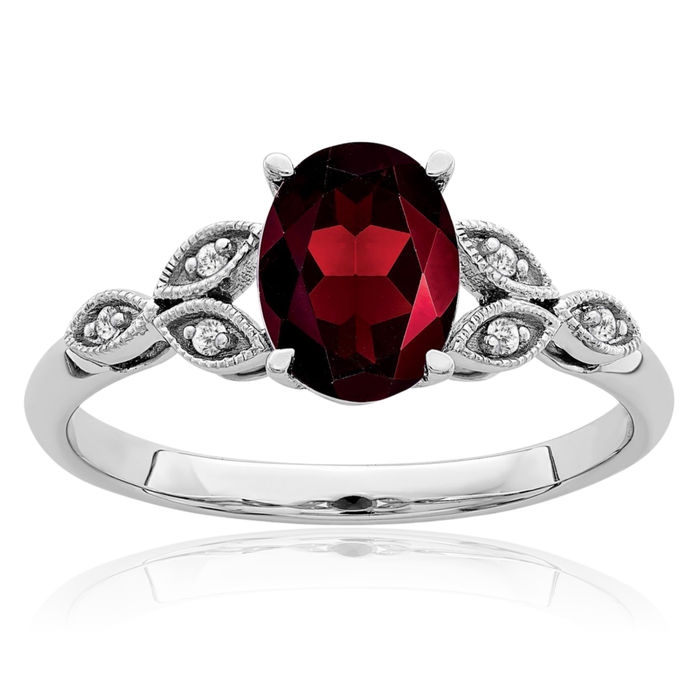 10K Solid White Gold Oval Red Garnet Diamond Ring Gemstone Band