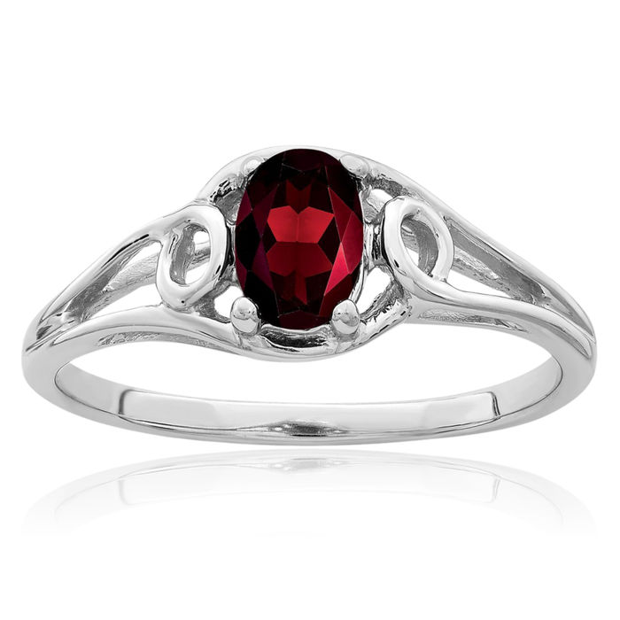 10K Solid White Gold Oval Red Garnet Ring Gemstone Band