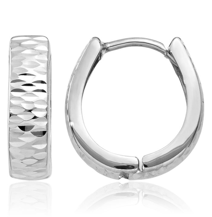 10K Solid White Gold Oval Huggie Small Hoop Earrings