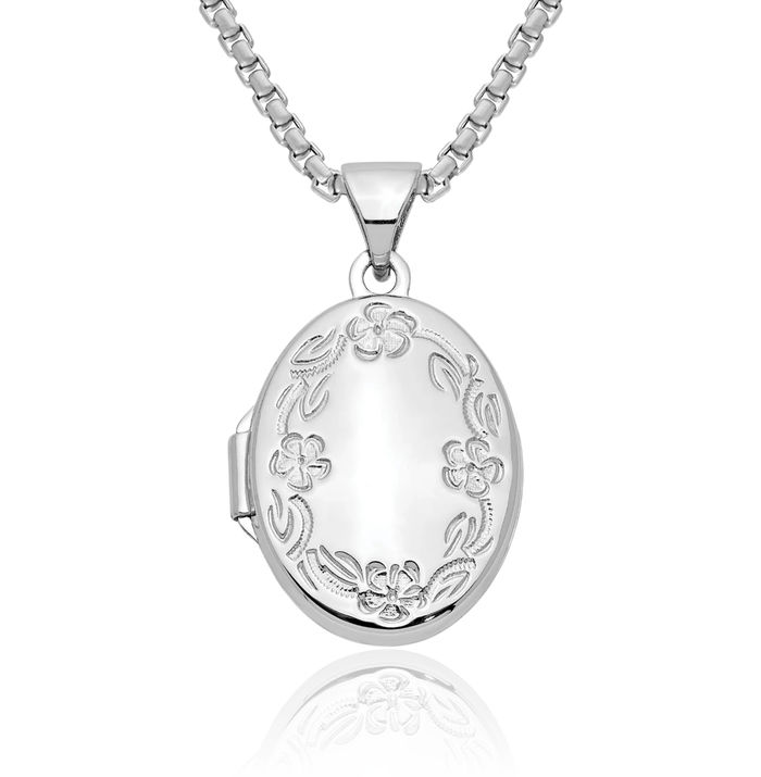 10K Solid White Gold Oval Leaf Flower Personalized Photo Locket Necklace Picture Pendant Charm