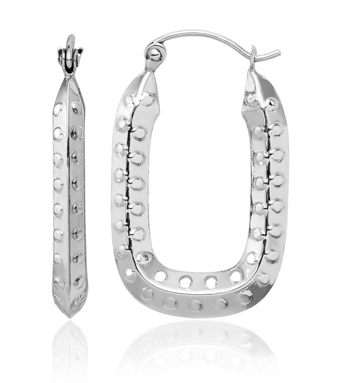 10K Solid White Gold Oval Medium Hoop Earrings