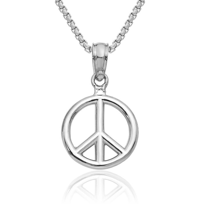 10K Solid White Gold Peace Sign Inspirational Symbol Necklace Chain Pendant Charm