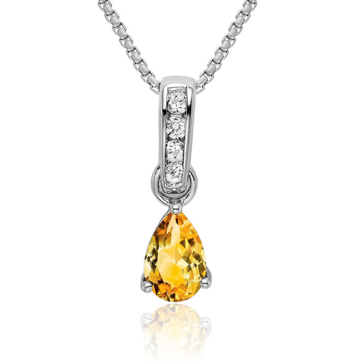 10K Solid White Gold Pear Yellow Orange Citrine Diamond Necklace Charm Gemstone Pendant November Birthstone Jewelry