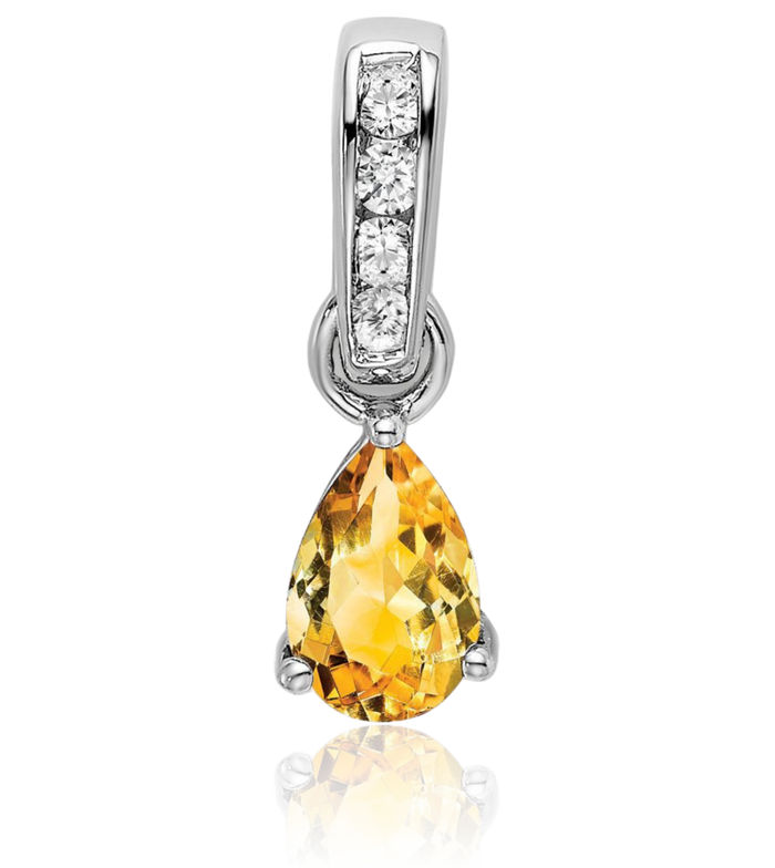 10K Solid White Gold Pear Yellow Orange Citrine Diamond Necklace Charm Gemstone Pendant November Birthstone Jewelry