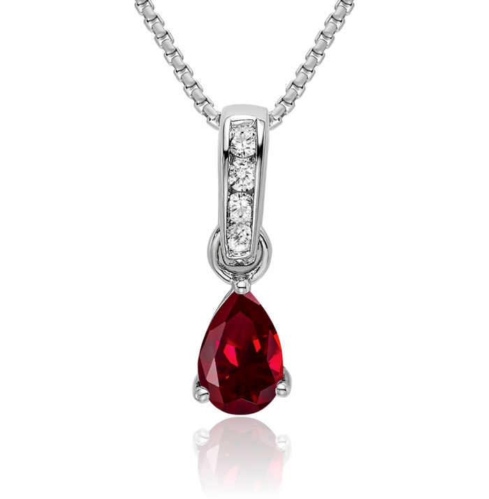 10K Solid White Gold Pear Lab Red Ruby Diamond Necklace Charm Gemstone Pendant July Birthstone Jewelry