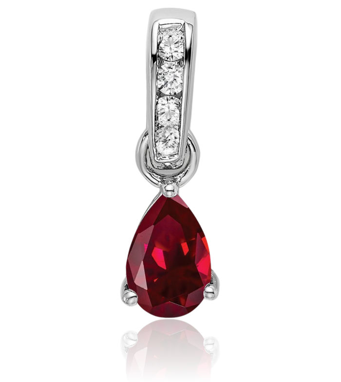 10K Solid White Gold Pear Lab Red Ruby Diamond Necklace Charm Gemstone Pendant July Birthstone Jewelry