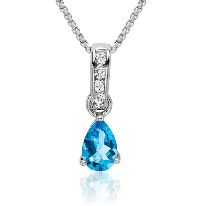 10K Solid White Gold Pear Swiss Blue Topaz Diamond Necklace Charm Gemstone Pendant December Birthstone Jewelry