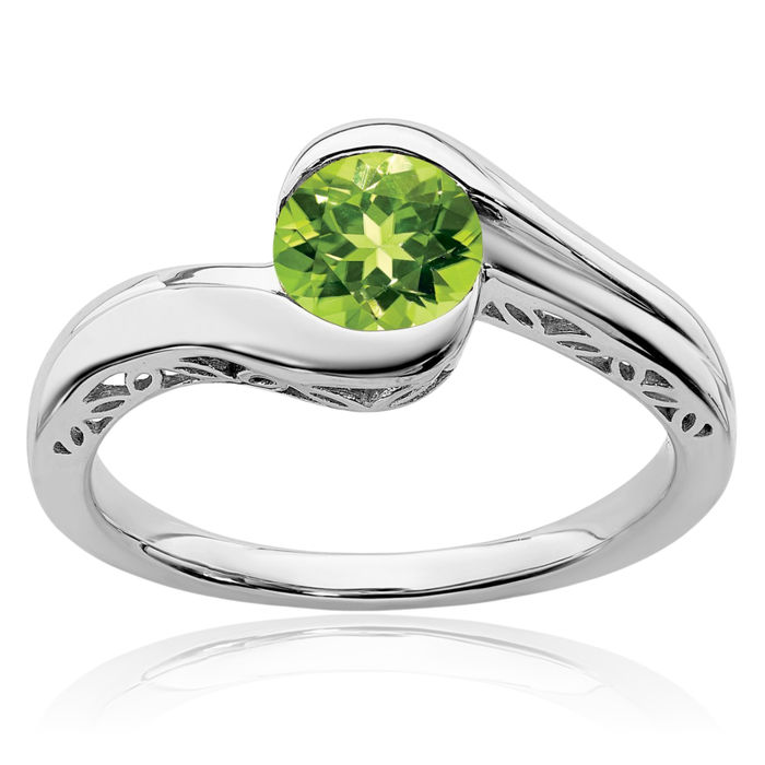 10K Solid White Gold Green Peridot Bypass Ring Gemstone Band