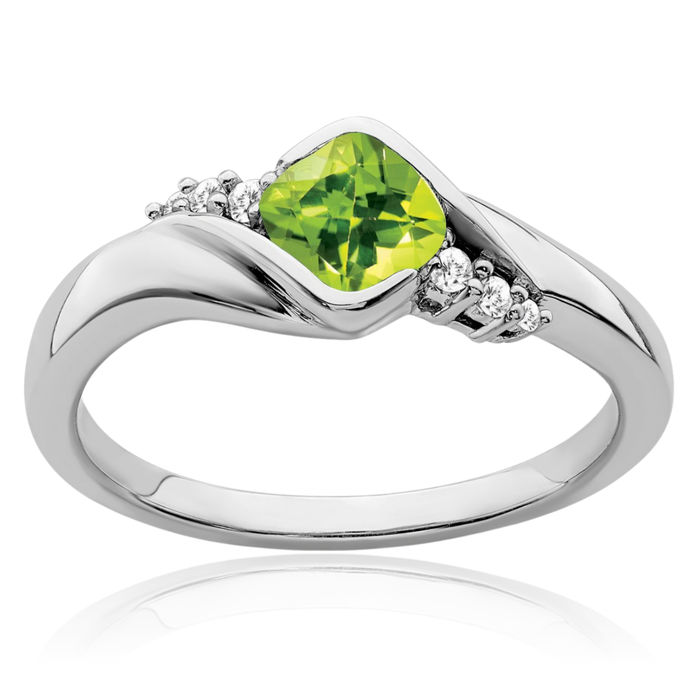 10K Solid White Gold Green Peridot Diamond Ring Gemstone Band