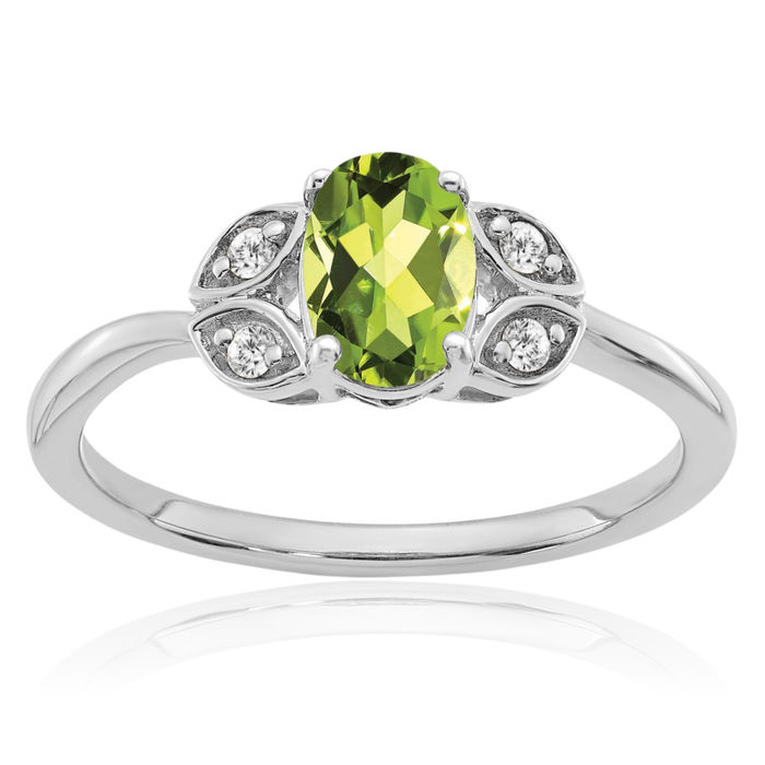 10K Solid White Gold Green Peridot Diamond Ring Gemstone Band