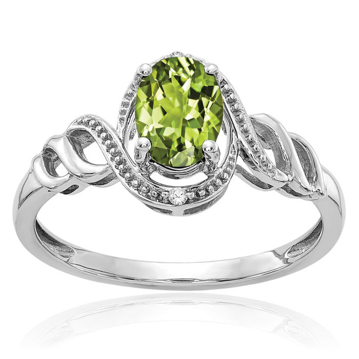 10K Solid White Gold Green Peridot Diamond Ring Gemstone Band August Birthstone Jewelry