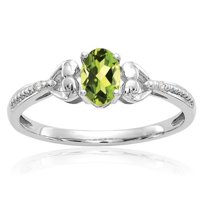 10K Solid White Gold Green Peridot Diamond Ring Gemstone Band August Birthstone Jewelry