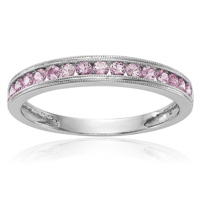 10K Solid White Gold Pink Sapphire Wedding Band Ring Gemstone