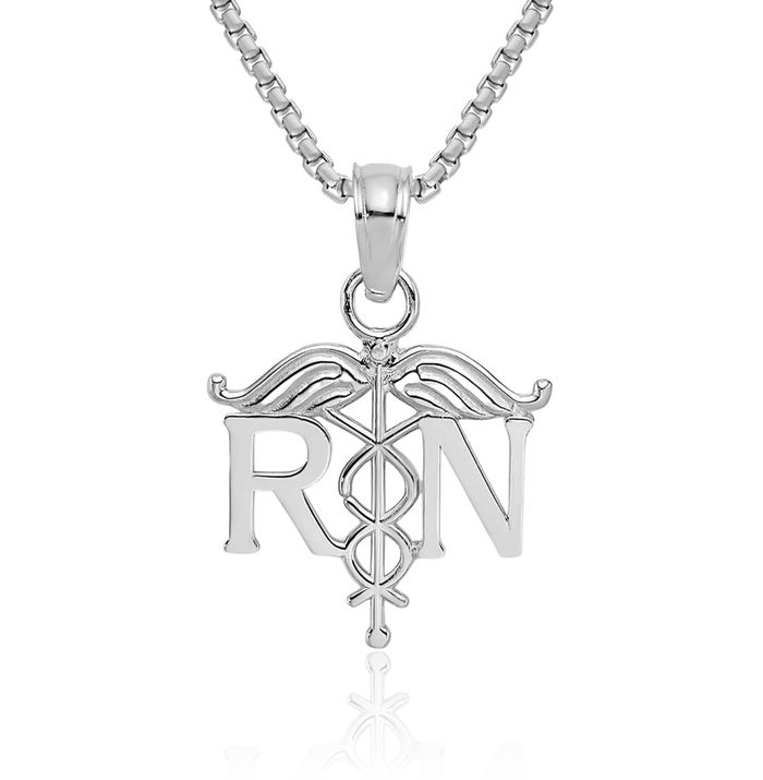 10K Solid White Gold Registered Nurse Caduceus Paramedic Rn Doctor Medical Student Nursing Symbol Necklace Chain Pendant Charm