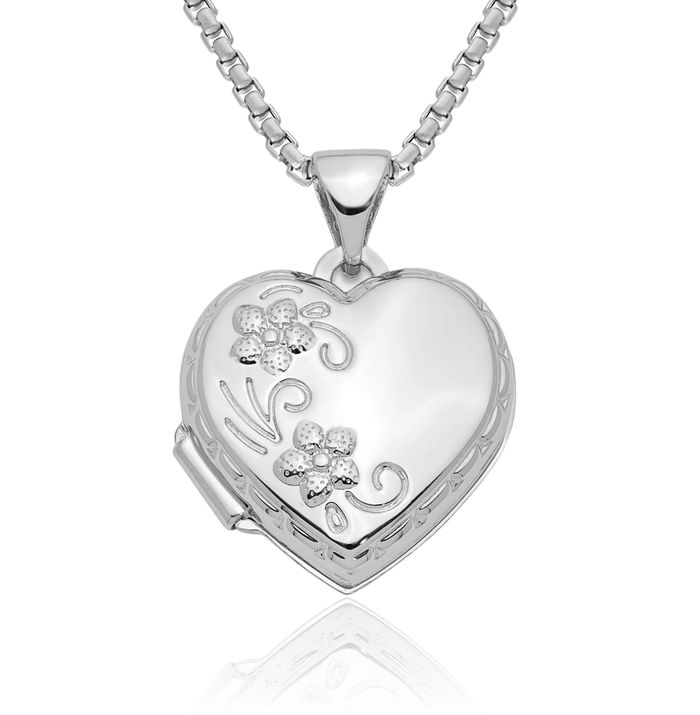 10K Solid White Gold Reversible Flower Heart Personalized Photo Locket Necklace Picture Pendant Charm