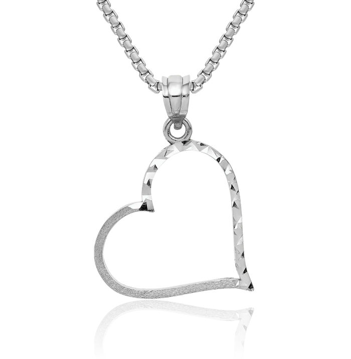 10K Solid White Gold Reversible Heart Necklace Love Pendant Charm